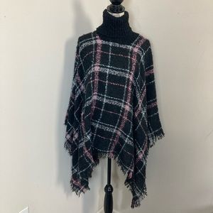 Women’s Black Plaid Pink SkyBlue White Turtleneck Poncho Lightweight w Fringes